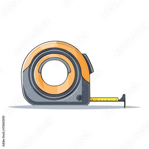 Orange and gray tape measure tool with yellow extended measuring tape and markings