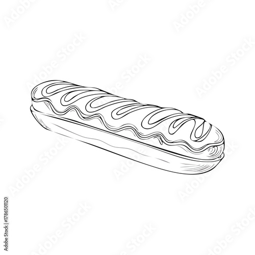 Classic French eclair dessert black and white line art illustration
