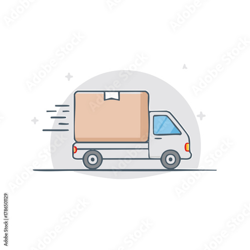 White delivery truck carrying a large cardboard box with motion lines on a light gray circle.