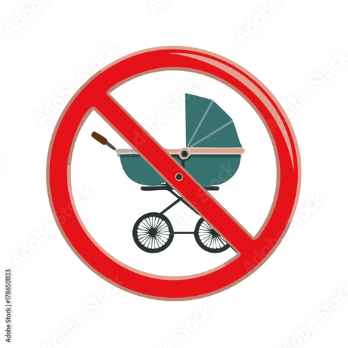 Baby stroller prohibition sign with red circle and slash symbol