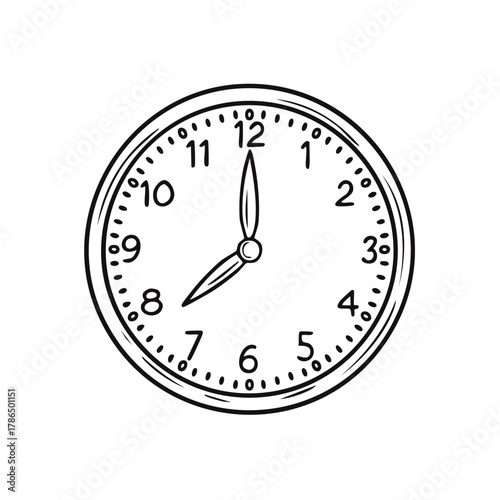 Classic round wall clock showing eight o'clock hand drawn sketch vector illustration
