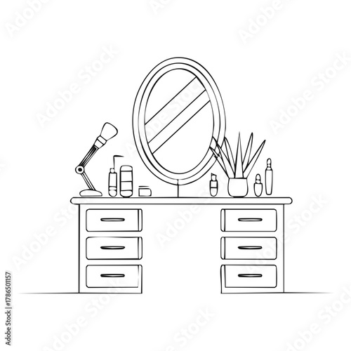Vanity table with oval mirror makeup and plant line art illustration