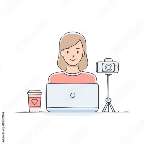 Young female vlogger and content creator filming video with a laptop and camera illustration