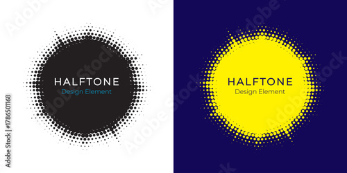 Halftone circle dotted frame circularly distributed set. Abstract dots logo emblem design element. Round border Icon using random halftone circle dot texture. Half tone circular background pattern.