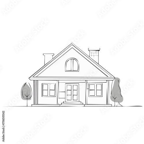 Minimalist house illustration with trees. Simple outline of a dwelling and vegetation.