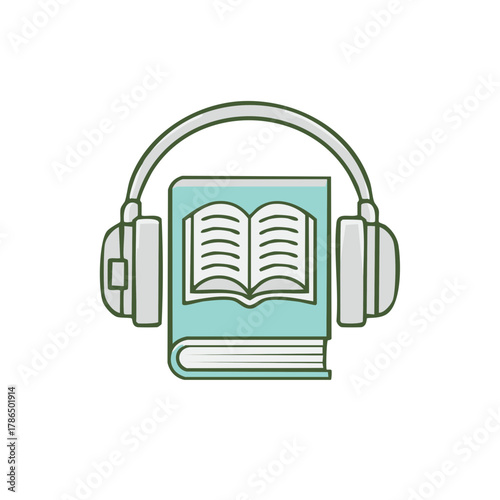 Headphones over an open book, representing audiobook or listening to literature concept