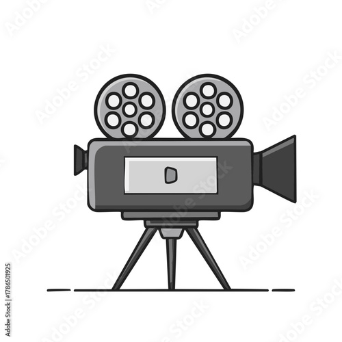 Cartoon movie camera illustration with reel and tripod. Retro cinema concept.
