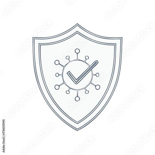 Shield with virus icon and check mark line art symbol