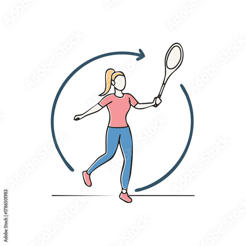 Woman playing tennis with circular motion arrow representing repetition or training