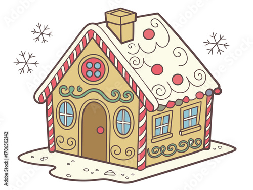 Gingerbread House with Candy Decorations and Frosting, Sweet Christmas Bakery Illustration for Holiday Celebration and Winter Design