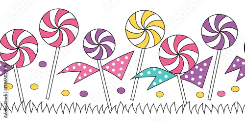 colorful spiral lollipop candy swirl pattern illustration sweet shop children dessert whimsical garden decoration design