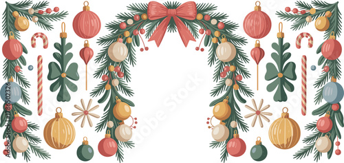 Festive christmas archway decorated with ornaments and garland