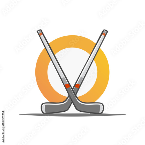Crossed hockey sticks illustration with orange gradient circle and shadow.