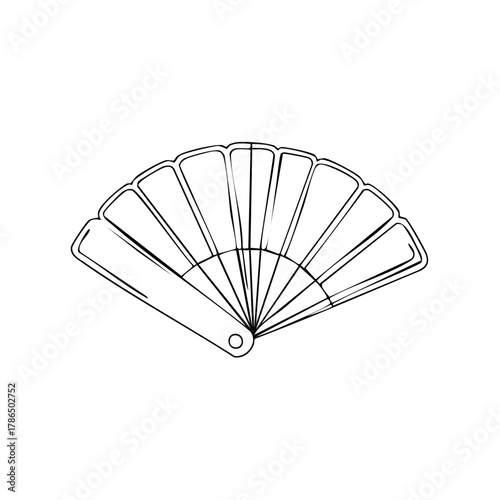Simple line art illustration of an open folding fan with segmented panels and a central pivot
