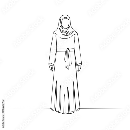 Minimalist Line Art of a Woman Wearing a Flowing Hijab and Abaya