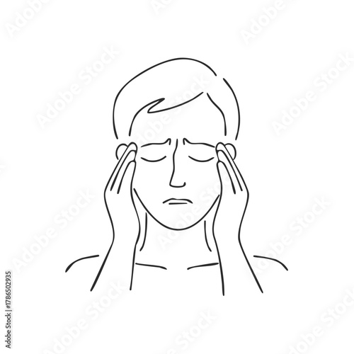 Person holding head in pain with closed eyes in minimal line art style