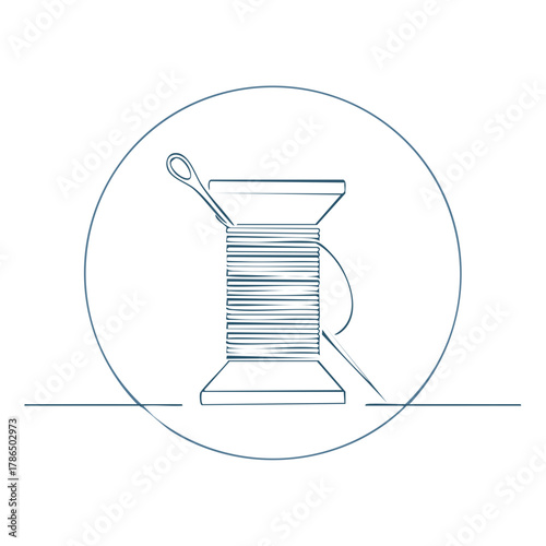 Needle and thread spool illustration inside a circle