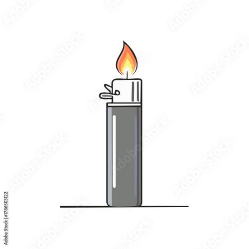 Close-up of a gray plastic disposable lighter with a bright orange and yellow flame