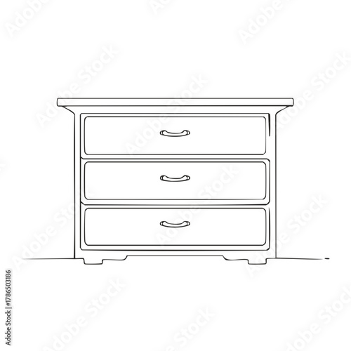 Traditional wooden dresser with three drawers, minimalist line art illustration