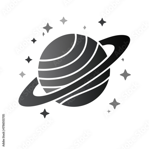 Abstract illustration of a planet with rings and stars in a grayscale design