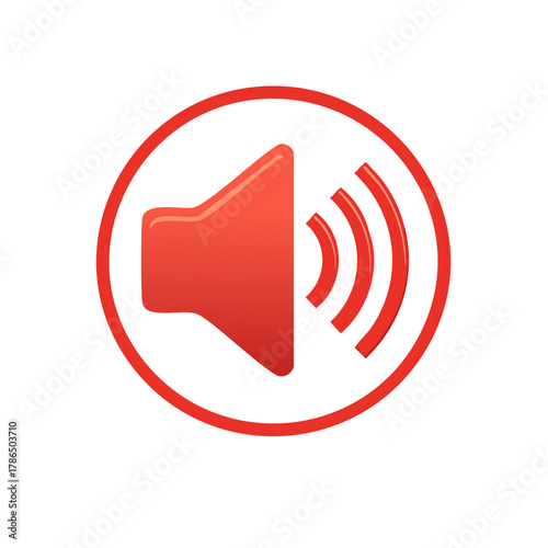 Red volume icon with sound waves in a circle for audio control and multimedia interface