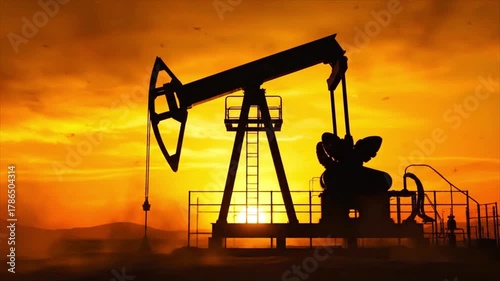 Silhouette of an oil pump jack against a vibrant sunset sky with distant landforms viewable