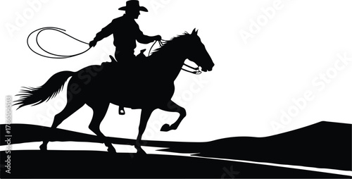 Cowboy riding horse with lasso silhouette illustration. western rancher on horseback icon graphic design element.