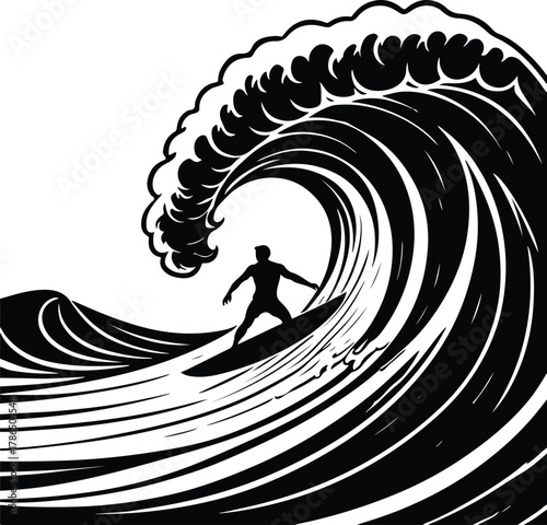 Silhouette of a surfer riding a powerful ocean wave, capturing the thrill and energy of water sports and recreation