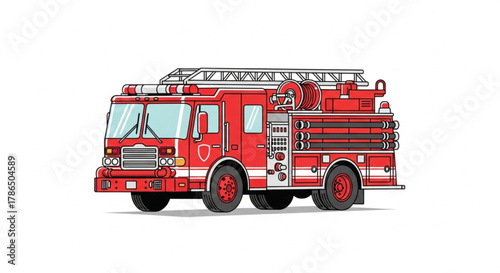 Vector illustration of a red fire truck with ladder and equipment for emergency services