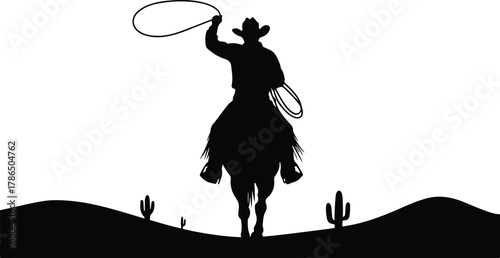 Western cowboy riding horse with a swinging lasso in a desert landscape silhouette featuring cacti graphic