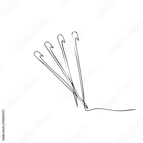 Minimalist art of crochet hooks, lines and shapes in black on white background.