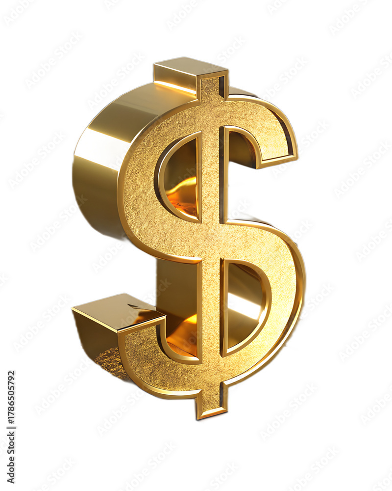 Obraz premium Golden 3D dollar sign, isolated on transparent background, reflective metallic finish.