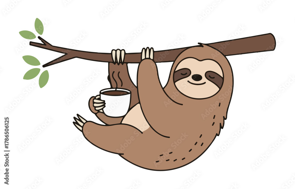 Fototapeta premium Adorable cartoon sloth enjoys a relaxing coffee break while hanging from a tree branch, embodying a slow living lifestyle and morning comfort.