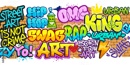 Trendy Street Art Background with Graffiti tags and doodle words on the wall - editable vector template