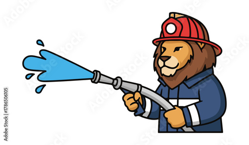 Brave lion firefighter heroically sprays water from hose, ready to tackle any blaze with courage and determination, a symbol of strength and safety for community protection