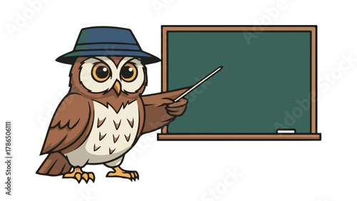 Wise cartoon owl wearing a hat enthusiastically points to a blackboard, perfect for educational content, presentations, and creative projects seeking a knowledgeable and engaging visual.