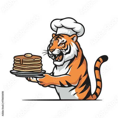 Whimsical chef tiger proudly presents a towering stack of delicious golden pancakes, bringing a roar of flavor and fun to any breakfast promotion or culinary concept.