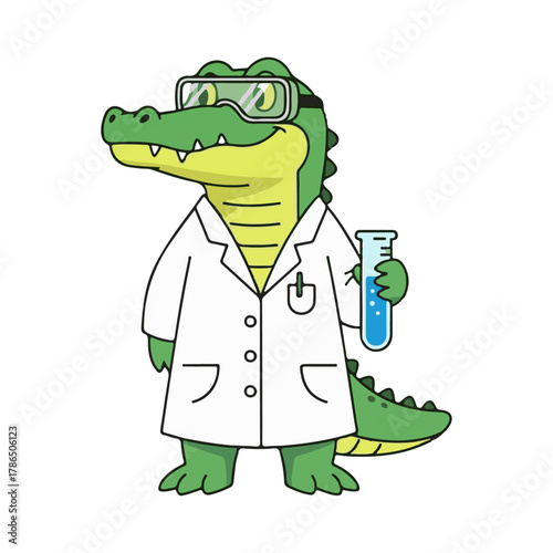 Whimsical alligator scientist in lab coat and goggles holding a test tube, perfect for educational content, science projects, or playful branding needs.