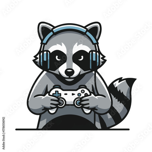 Dynamic raccoon gamer wearing headphones intensely plays video games with a controller, showcasing competitive spirit and modern entertainment.