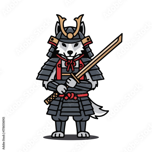 Brave wolf warrior in traditional samurai armor stands ready with katana, embodying strength and honor in a captivating illustration perfect for cultural themes.