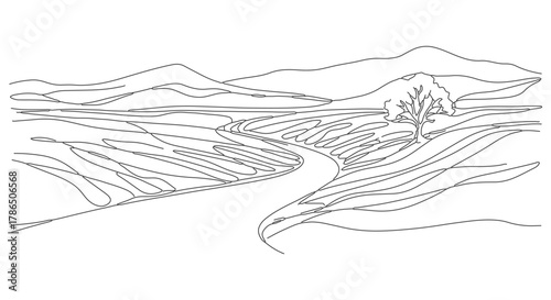 Continuous one line art drawing of a serene landscape. This single art piece features mountains and a winding path