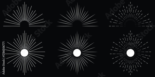 Vintage starburst. Sunburst shapes, bursting sun rays, sunshine. Radial fireworks burst, sunset and sunrise, star beams, sparkle elements. Vector classic boho logo line set. Sunburst vector set sun 