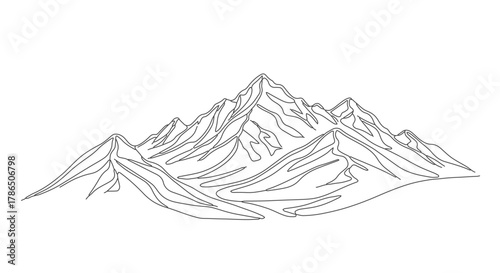 Dynamic one line art illustration of a continuous mountain range, featuring single peak outlines for a minimalist nature landscape design vector asset