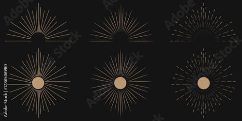 Vintage starburst. Sunburst shapes, bursting sun rays, sunshine. Radial fireworks burst, sunset and sunrise, star beams, sparkle elements. Vector classic boho logo line set. Sunburst vector set sun 