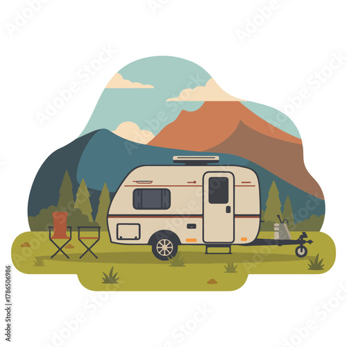 Camping trailer with mountain landscape