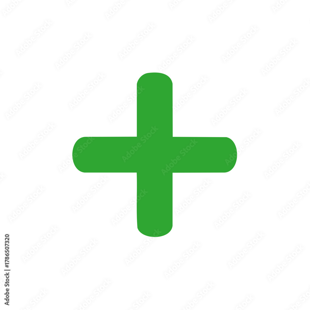 Fototapeta premium Simple green plus symbol with rounded edges isolated on a white background
