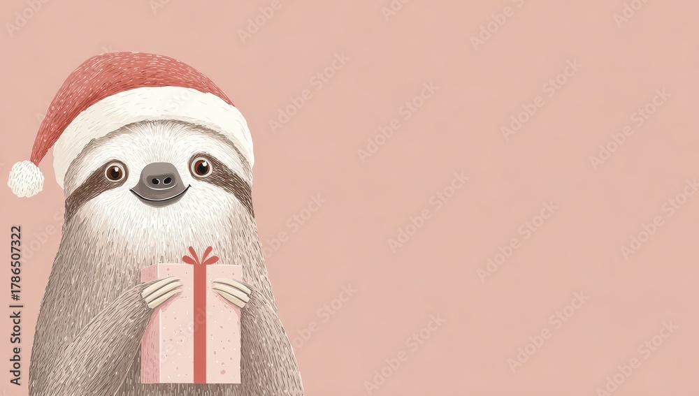 Obraz premium a cute, happy Sloth wearing a santa claus hat and holding a gift box, isolated on a pastel pink background