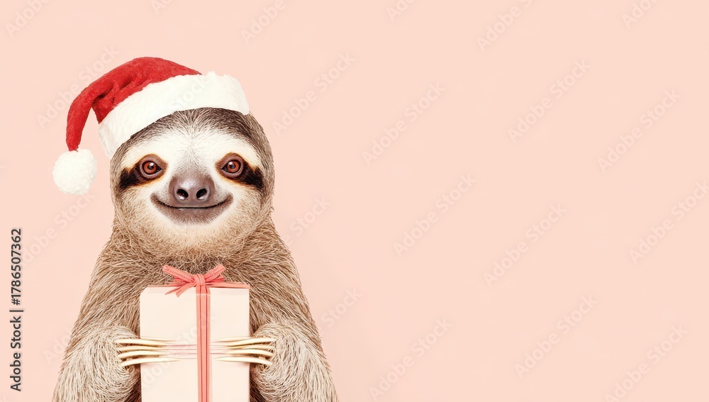 Obraz premium a cute, happy Sloth wearing a santa claus hat and holding a gift box, isolated on a pastel pink background