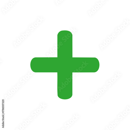 Simple green plus symbol with rounded edges isolated on a white background