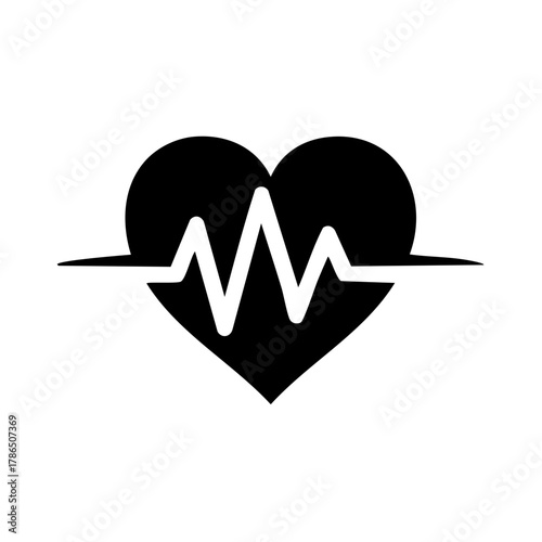 Black heart silhouette with white electrocardiogram wave pulsing through center